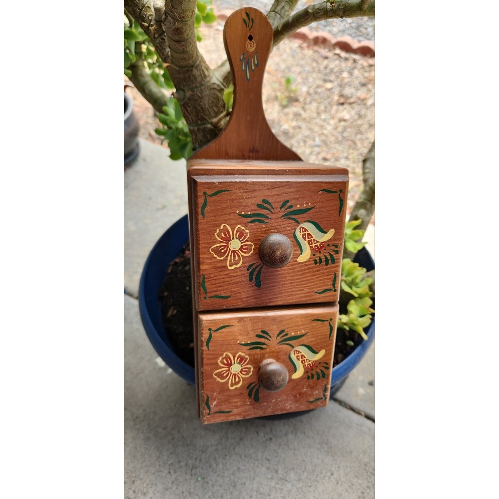 Vtg Folk Art Hand Painted Mini Two Drawer Wood Hanging Shelf A.A. Import Taiwan